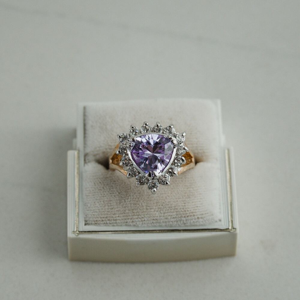 NOS Vtg Purple CZ Heart Halo Ring 14K GE Statement Ring Size 8 NEW (other)